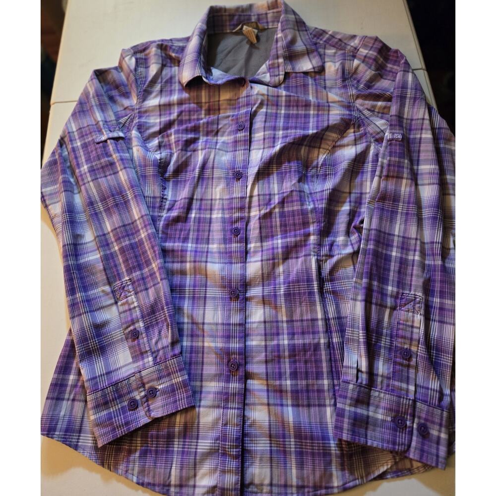 Duluth Trading Co Womens Plaid Button Up Shirt Purple White Nylon Spandex Size S